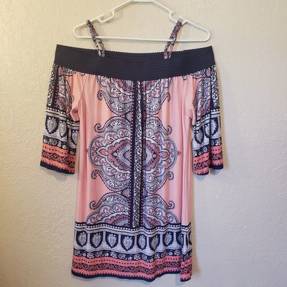 WOMEN'S Tunic Top Medium Flowy Off Shoulder Stretch Paisley Peach Navy - Picture 1 of 9